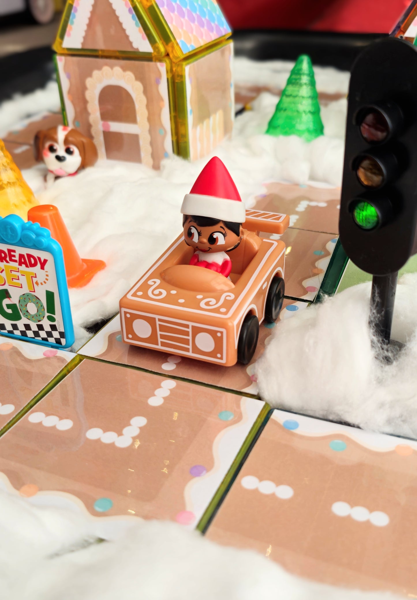 Magnet tile toppers - Gingerbread Town with road houses trees and traffic lights