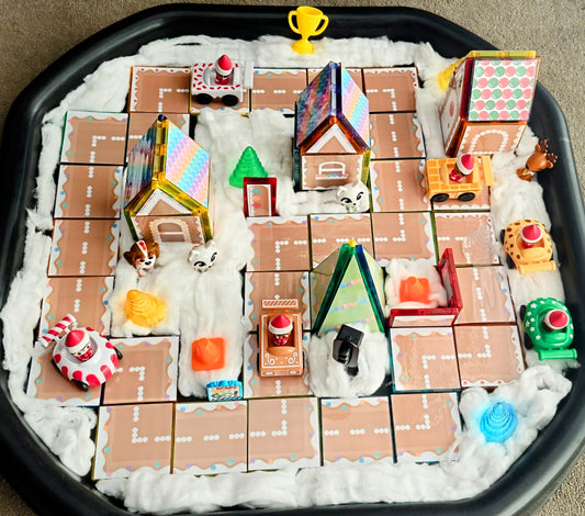 Magnet tile toppers - Gingerbread Town with road houses trees and traffic lights