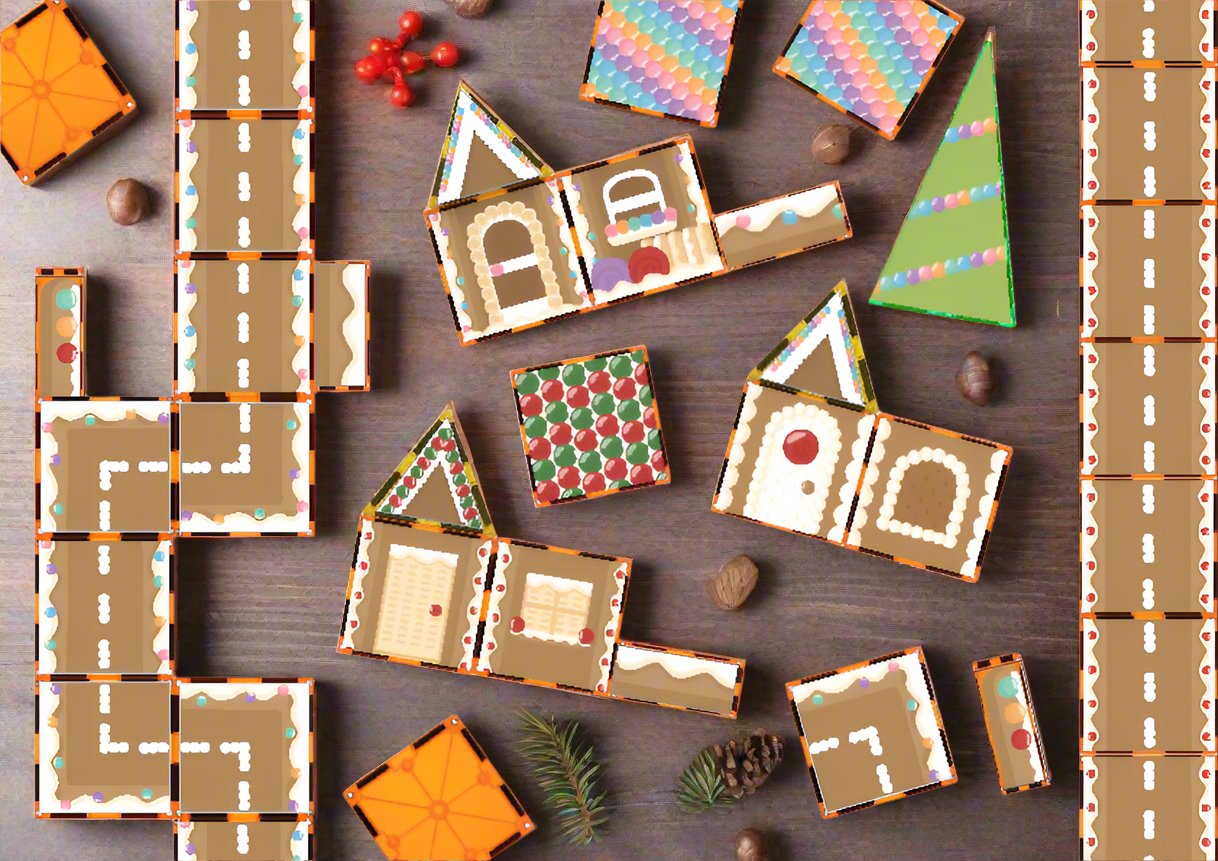 Magnet tile toppers - Gingerbread Town with road houses trees and traffic lights