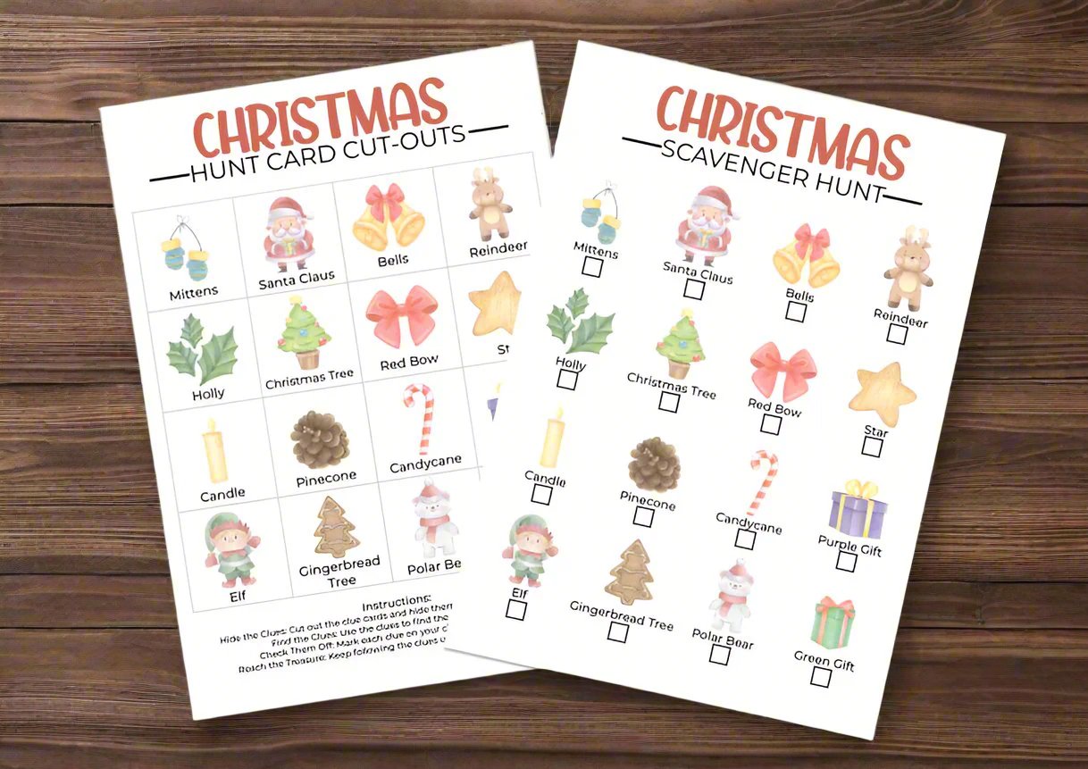 Christmas scavenger hunt cards and checklist